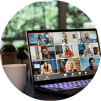 Chief executive director discusses with creditors via videocall from his luxury forest villa, engaged in web online connection for briefing meeting.