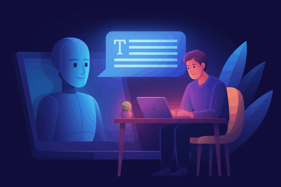 A man sits at a desk with a laptop, engaged in conversation with a small robot beside him.