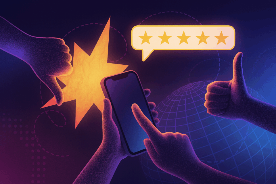 Hands holding a smartphone displaying a five-star rating